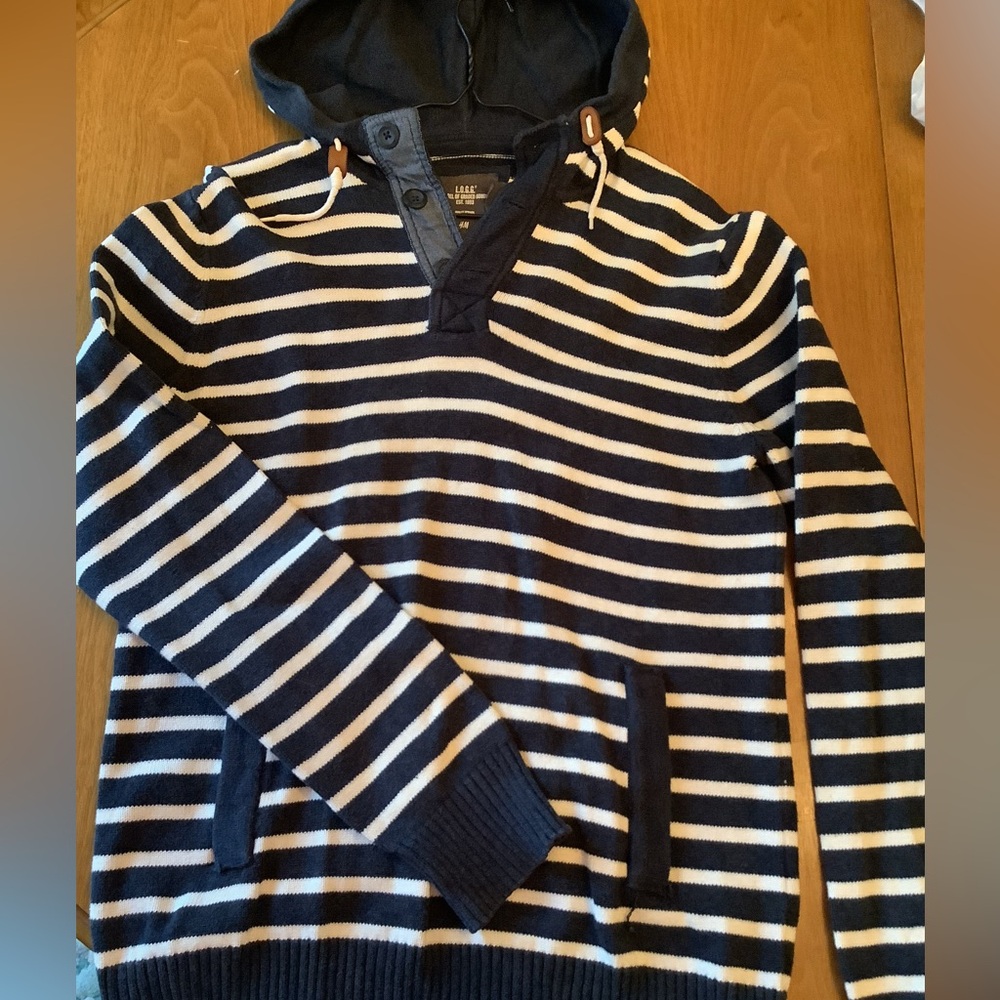 Navy Striped Men's Sweater with Hood